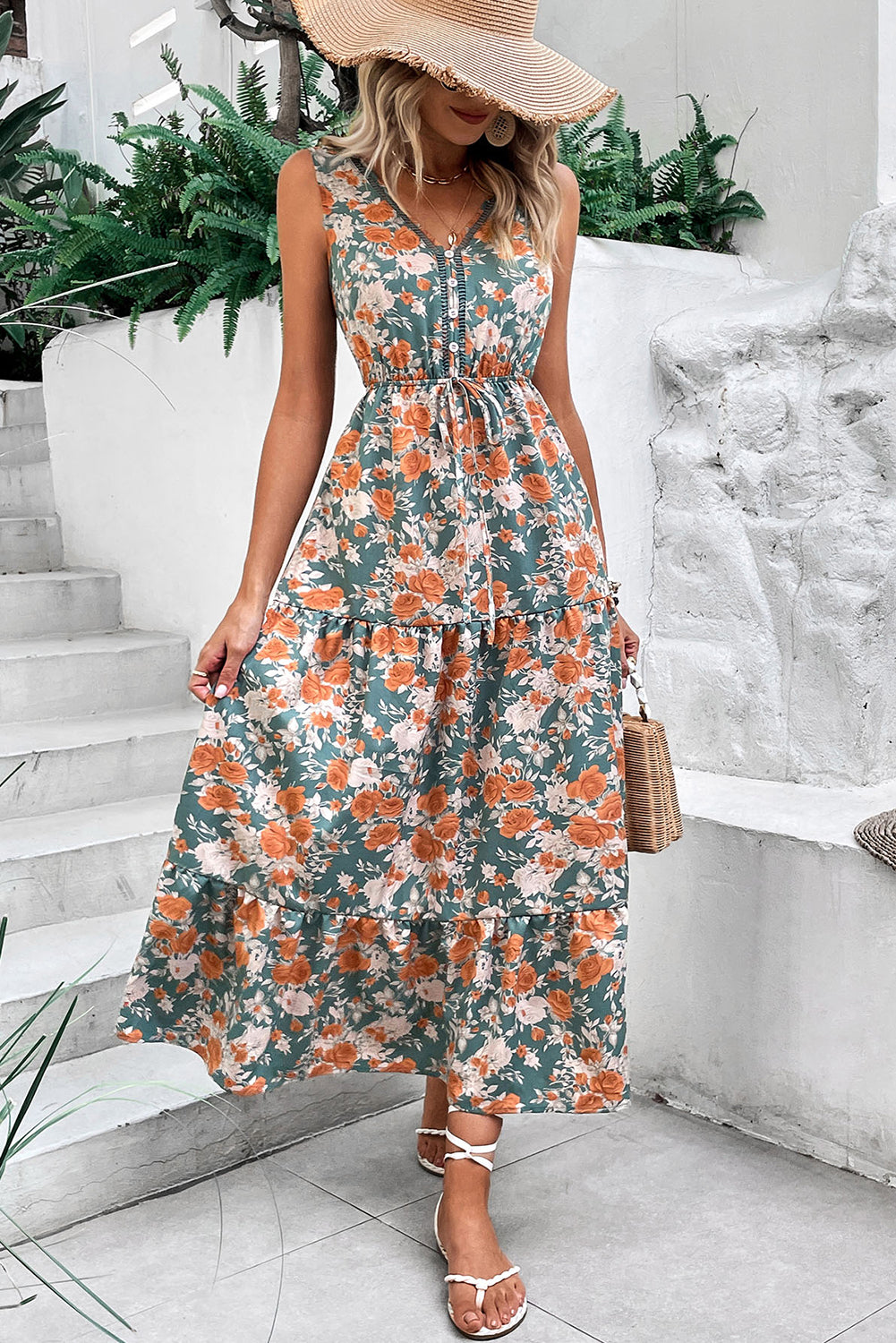 Green Floral Print Trimmed V Neck Sleeveless Vacation Dress