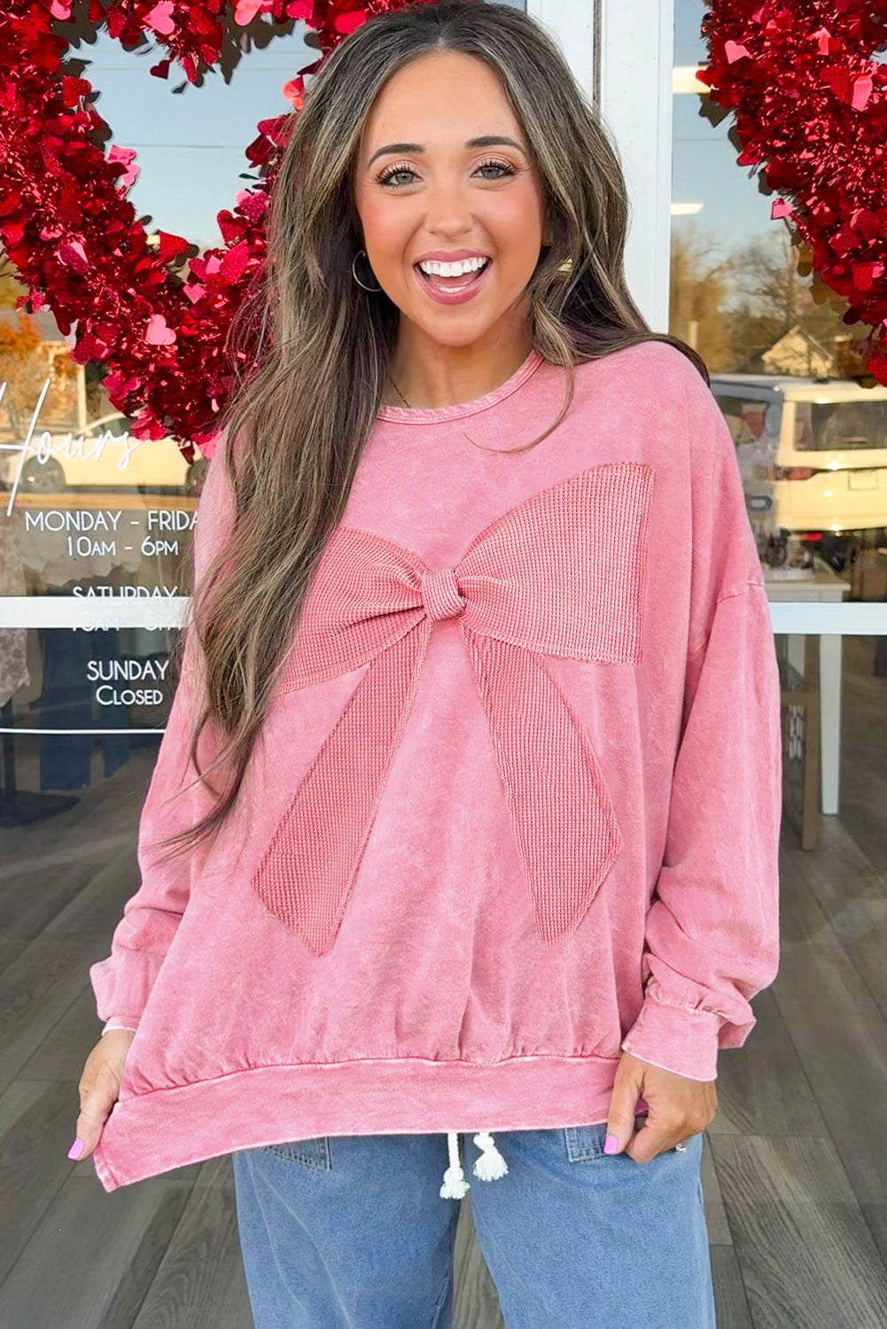 Bright Pink Mineral Wash Waffle Bow Patched Pullover Sweatshirt