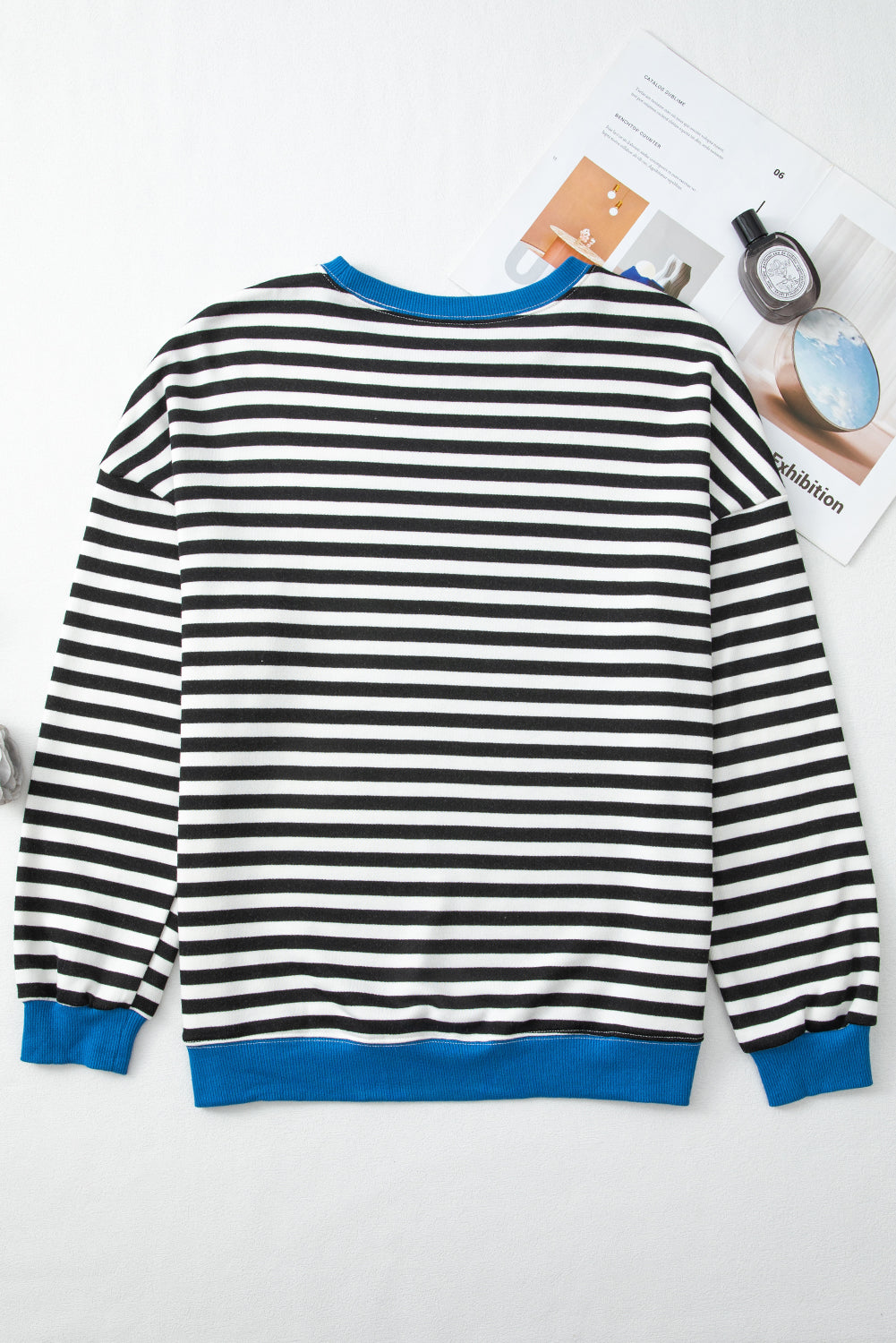 White Striped Contrast Trim Drop Shoulder Sweatshirt