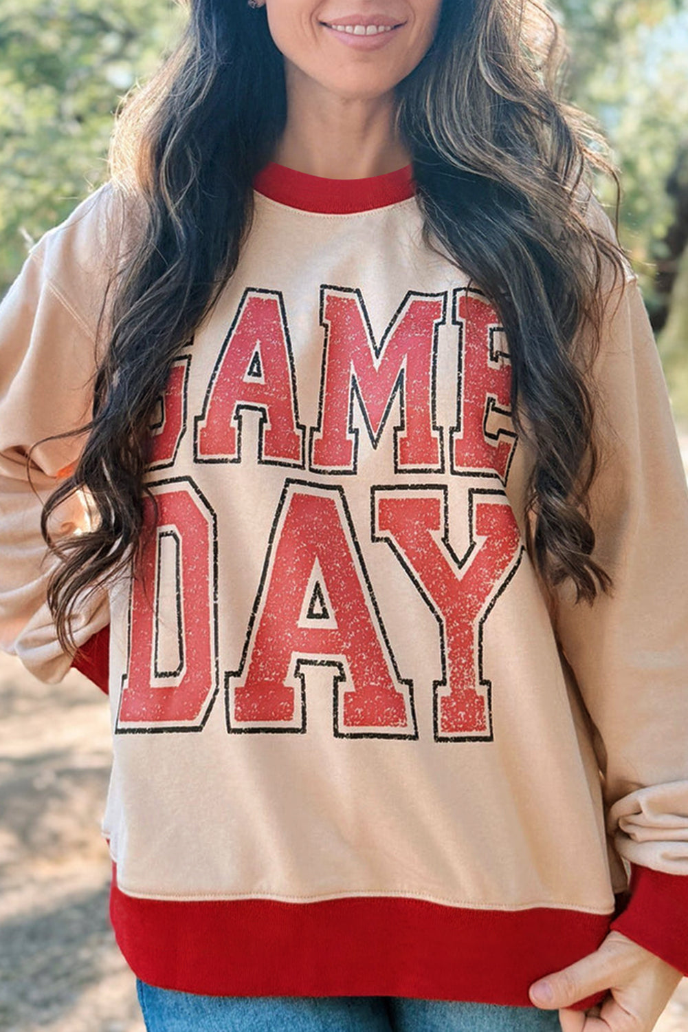 Oatmeal GAME DAY Letter Contrast Trim Baggy Sweatshirt