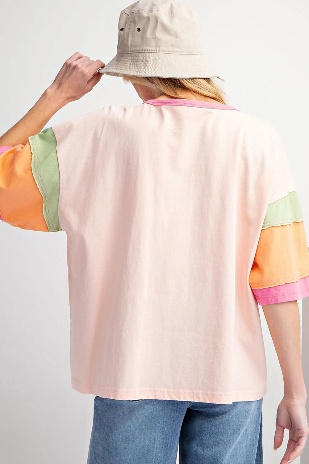Pink Colorblock Sleeve Rhinestone Bow Football Print T Shirt