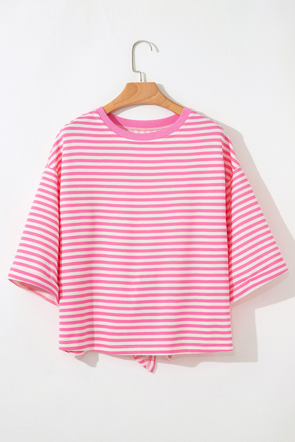 Pink Striped Bowknot Backless Drop Sleeve T-Shirt
