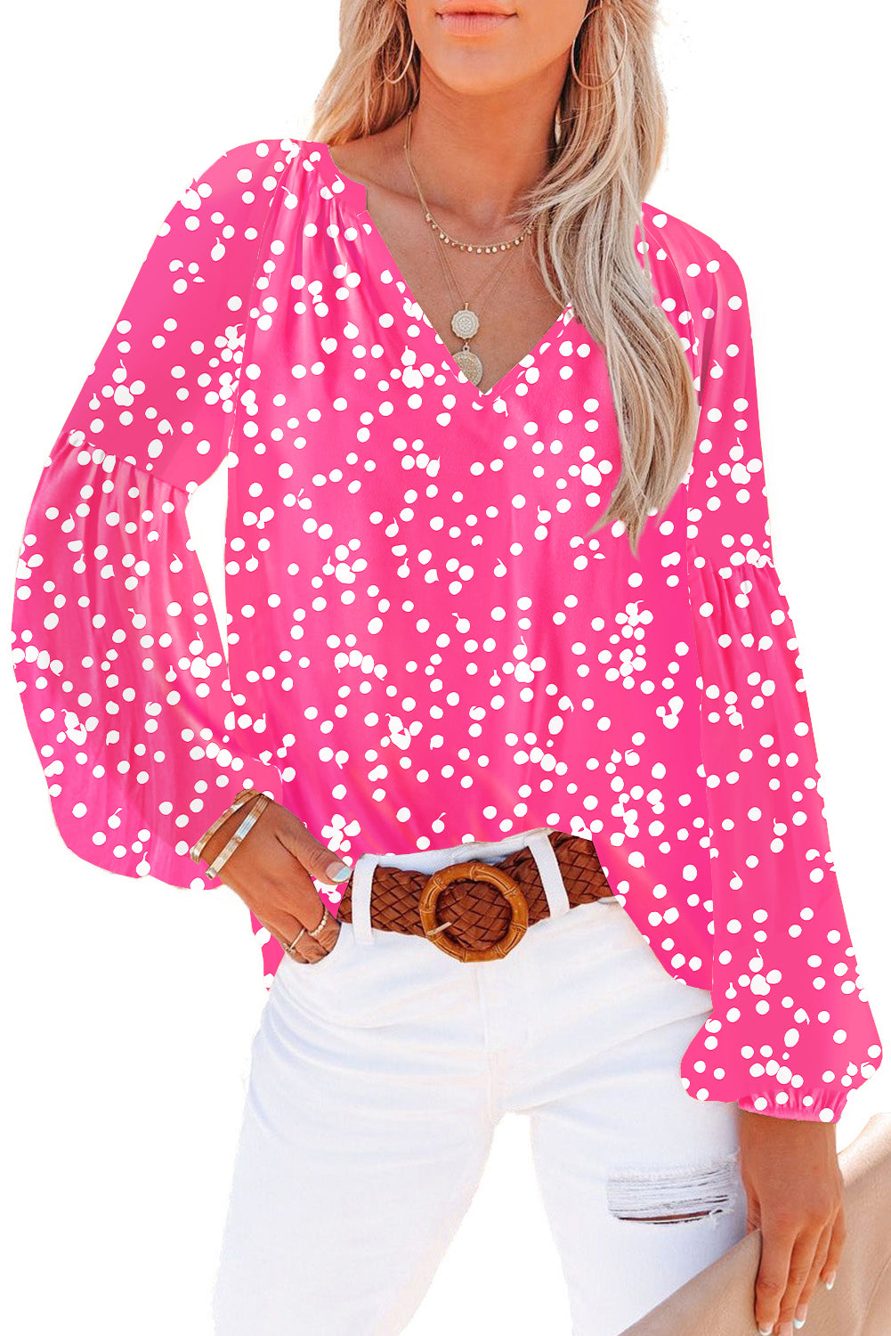 Rose Casual Floral Print V Neck Long Sleeve Blouse