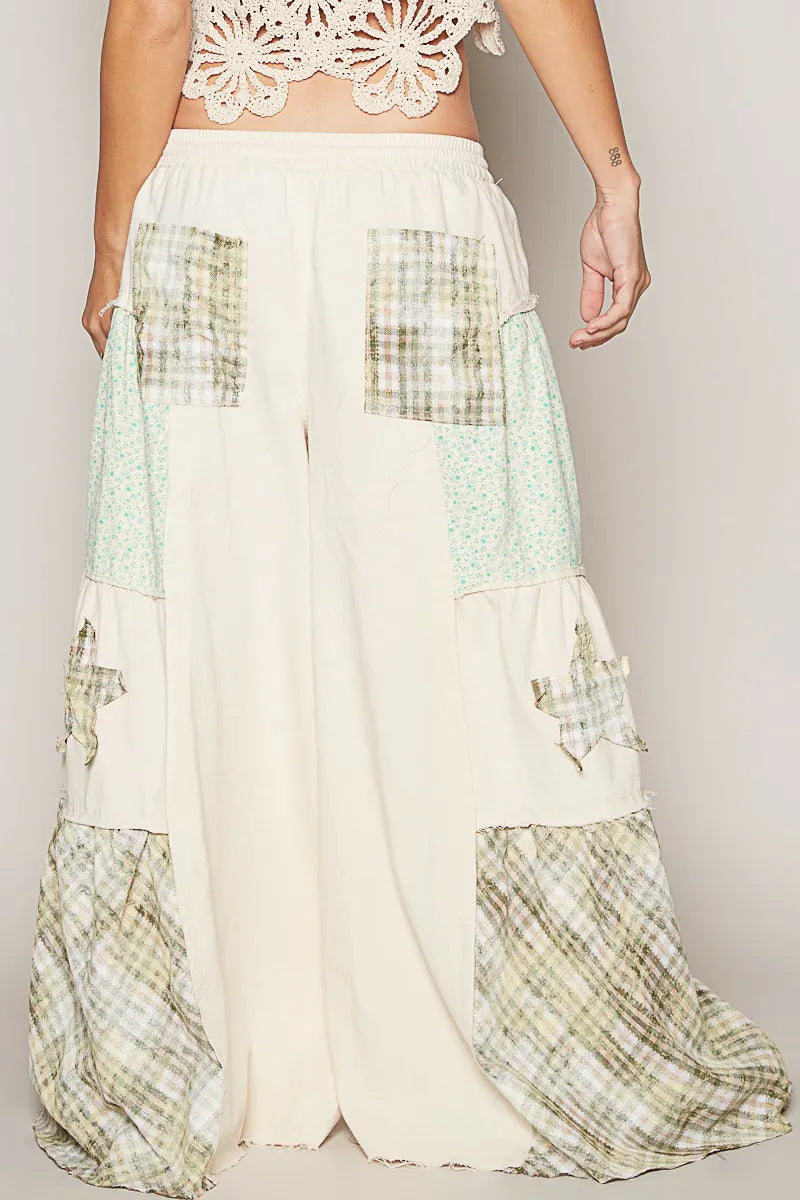 Drawstring Star Patch Contrast Wide Leg Pants