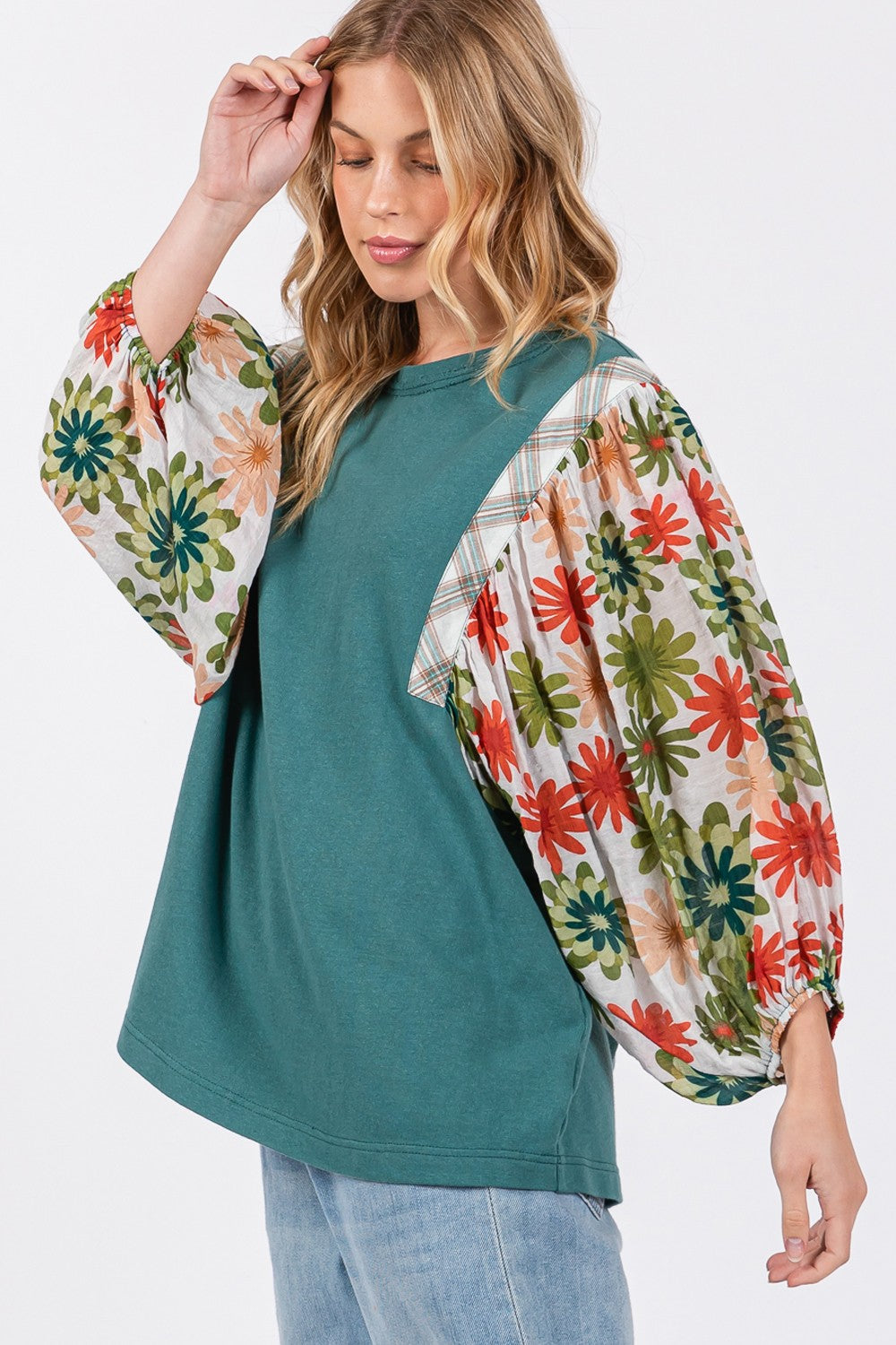 SAGE + FIG Full Size Printed Balloon Sleeve Contrast Top-3