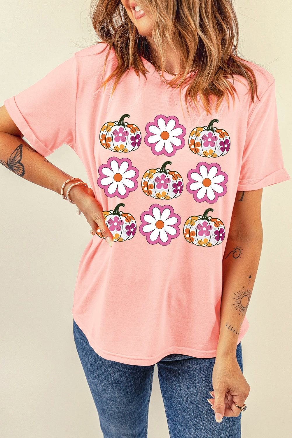 Pink Floral Pumpkin Thanksgiving Holiday Funny Graphic T Shirt