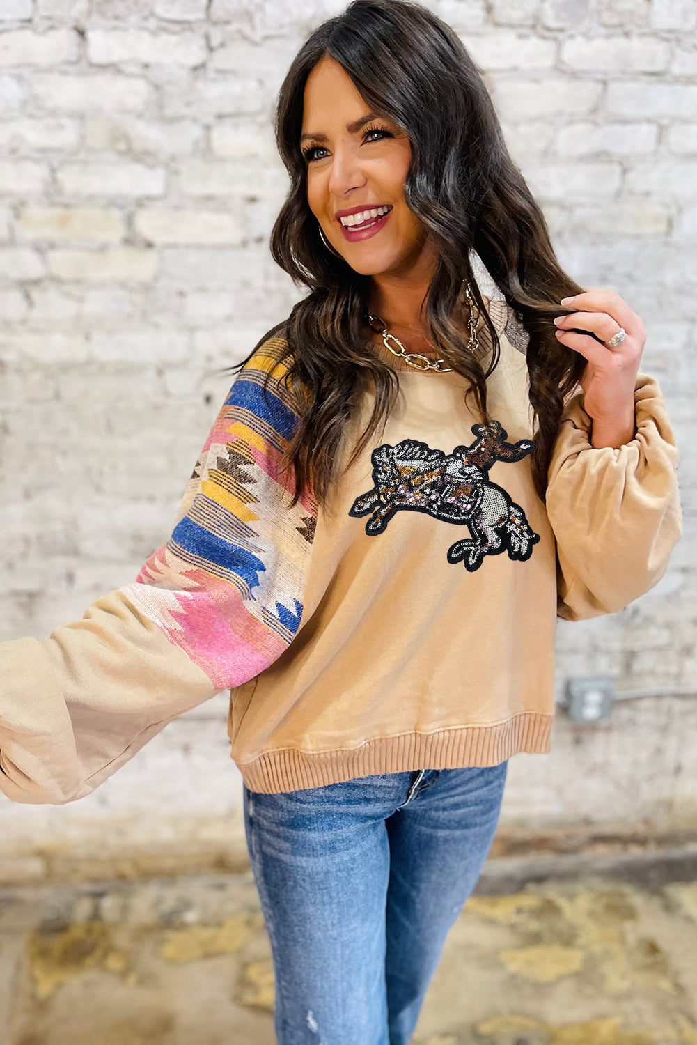 Light French Beige Sequined Rodeo Graphic Fashion Sweatshirt