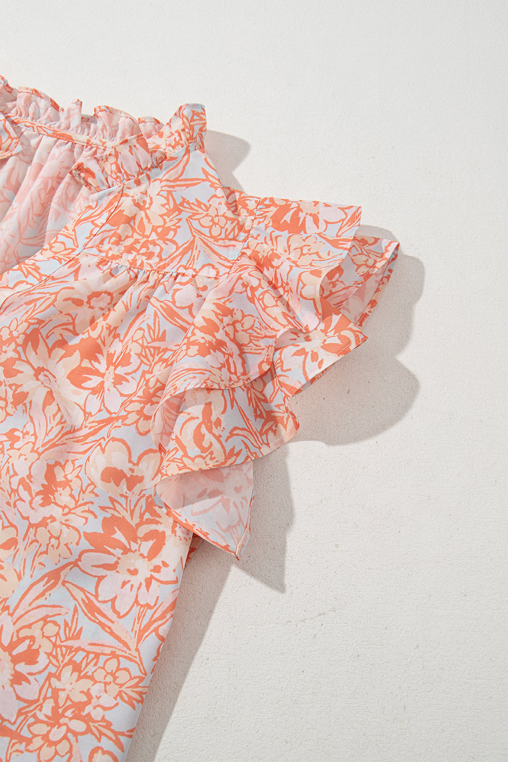 Orange Floral Ruffle Sleeve Split Neck Blouse