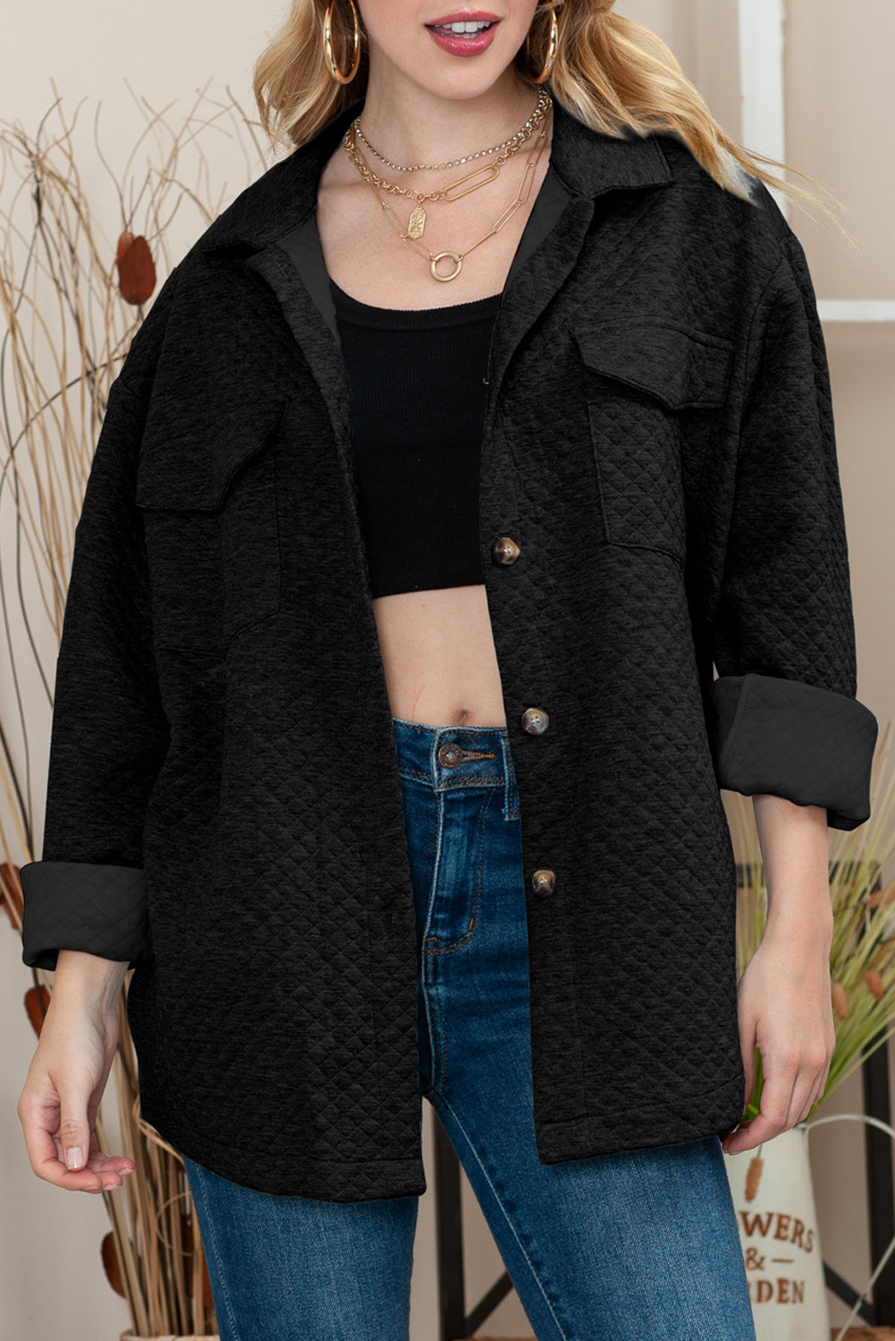 Black Lattice Texture Retro Flap Pocket Button Quilted Shacket