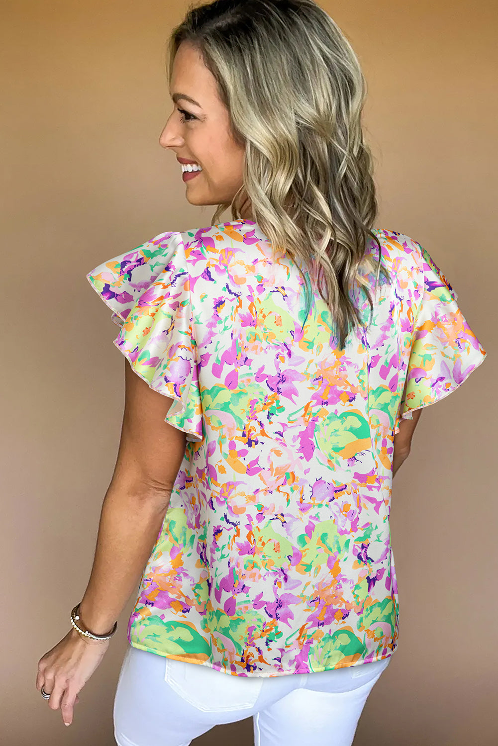 Purple Abstract Print Ruffled Short Sleeve Notched Neck Blouse