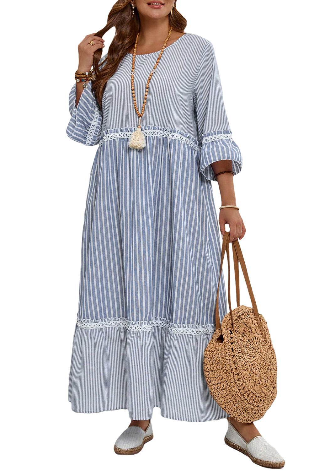 Sky Blue Crisscross Lace Detail Mixed Striped Patchwork Plus Size Dress