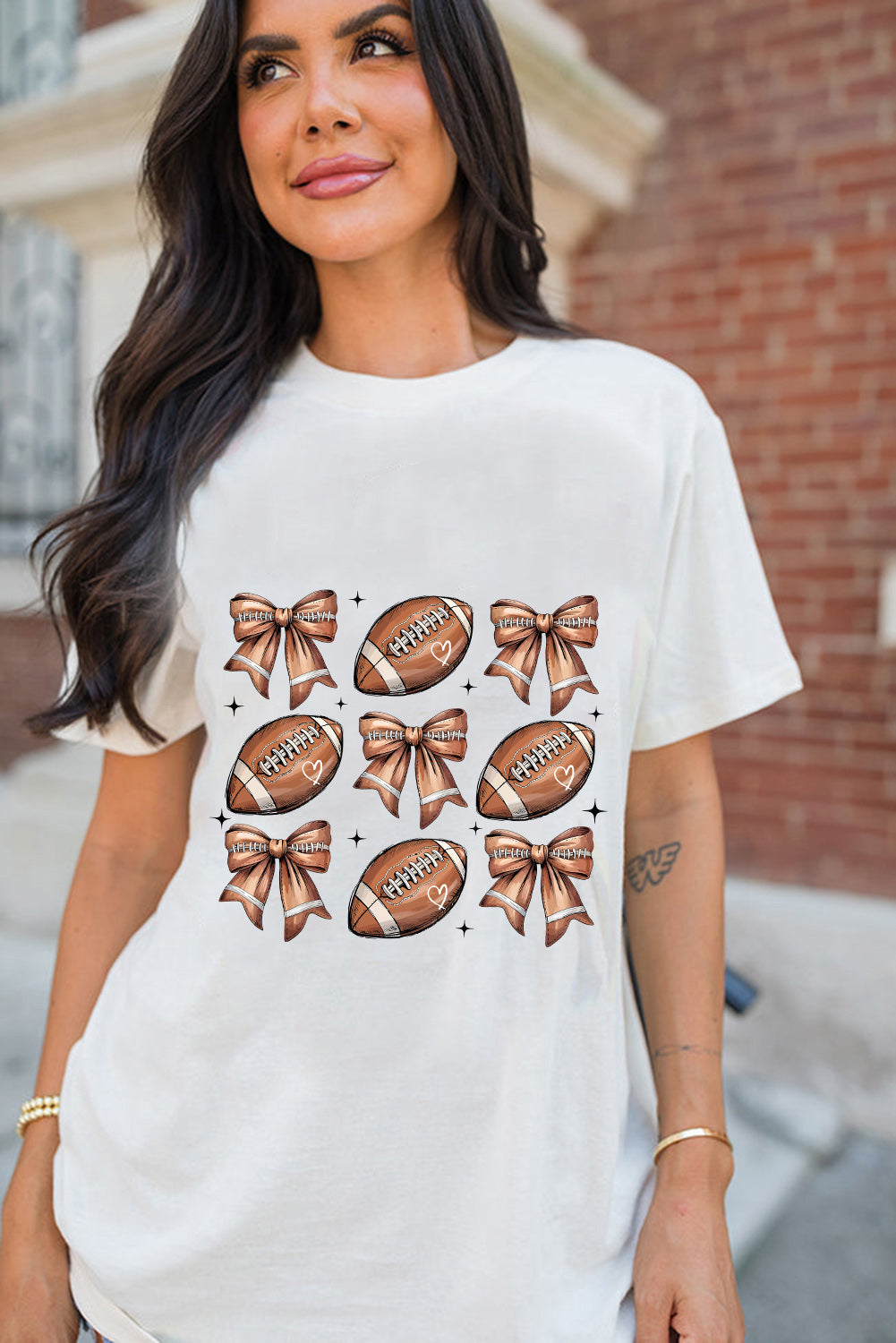 White Rugby Fashion Bow Print Graphic T Shirt