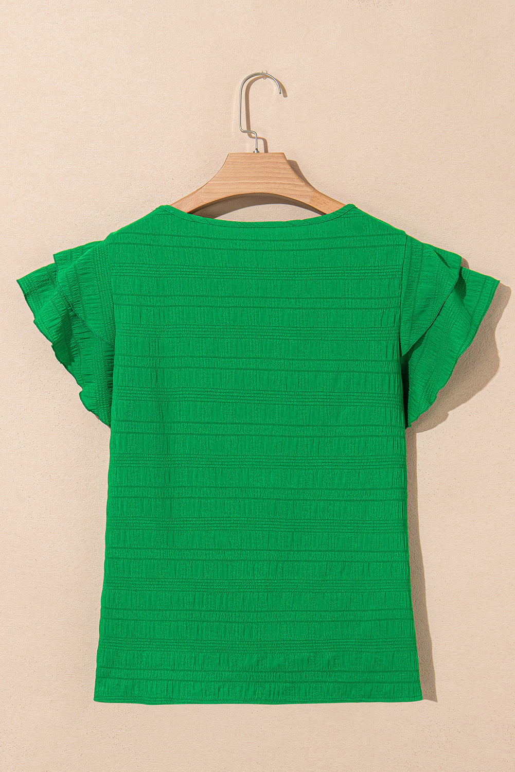 Dark Green Ruffle Sleeve Textured Smocked Blouse