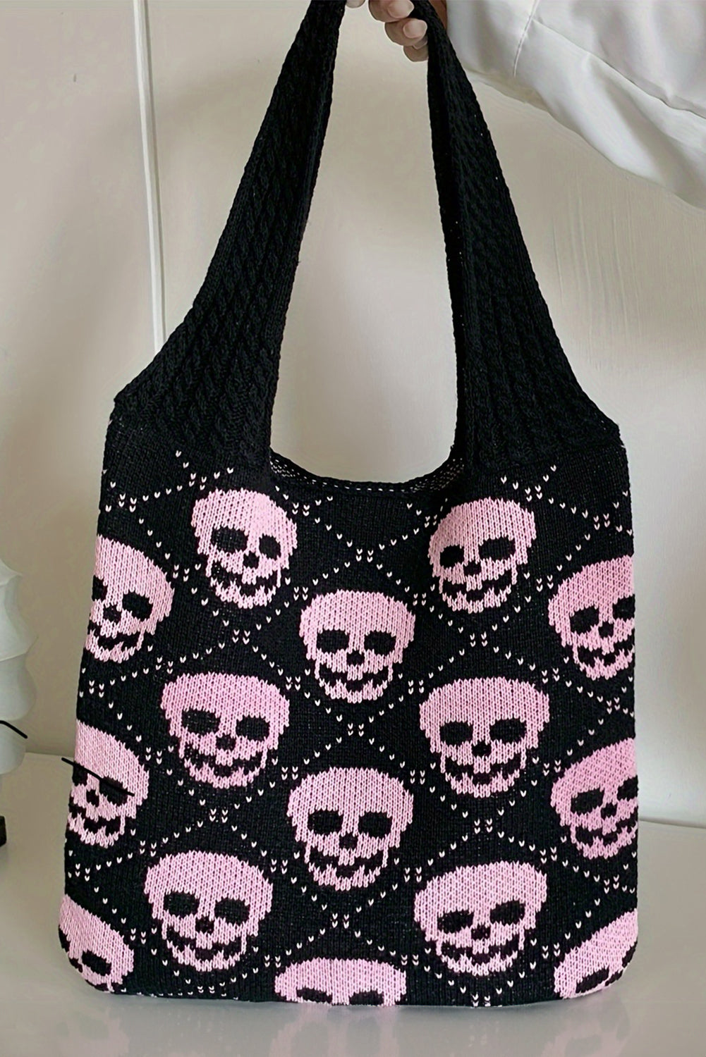 Black Plaid Skull Knit Tote Bag
