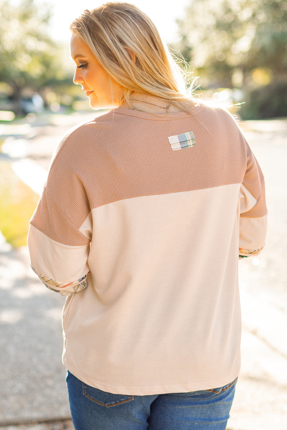 Parchment Plus Size Plaid Waffle Patchwork Henley Top