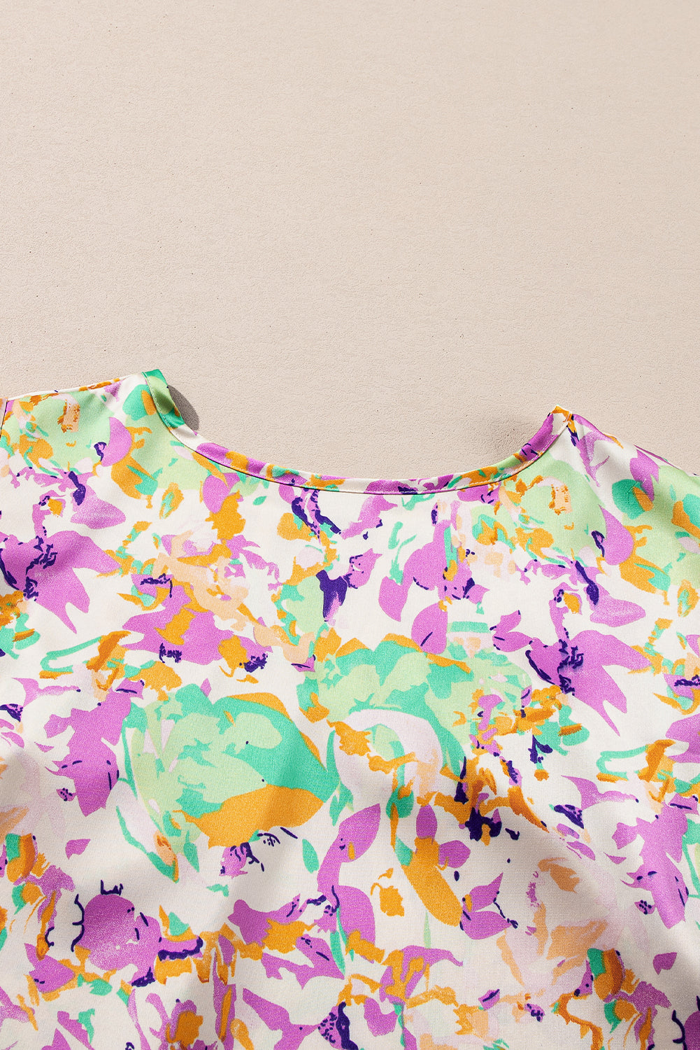 Purple Abstract Print Ruffled Short Sleeve Notched Neck Blouse