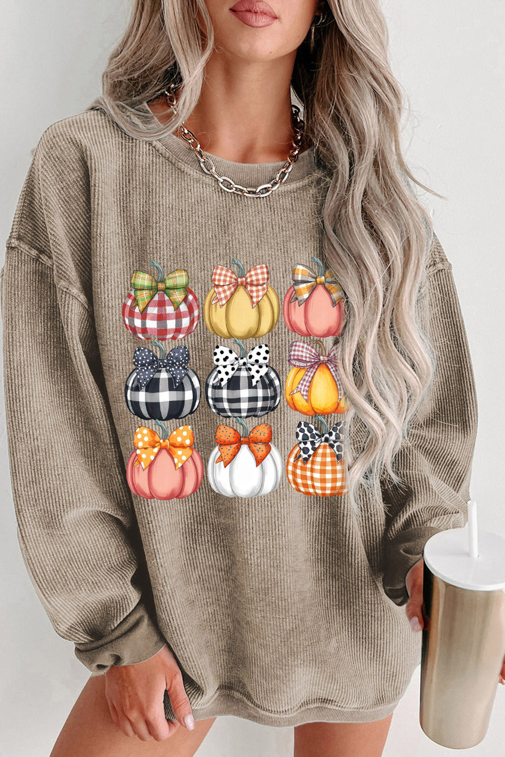 Khaki Trendy Textured Bow Pumpkin Graphic Baggy Sweatshirt