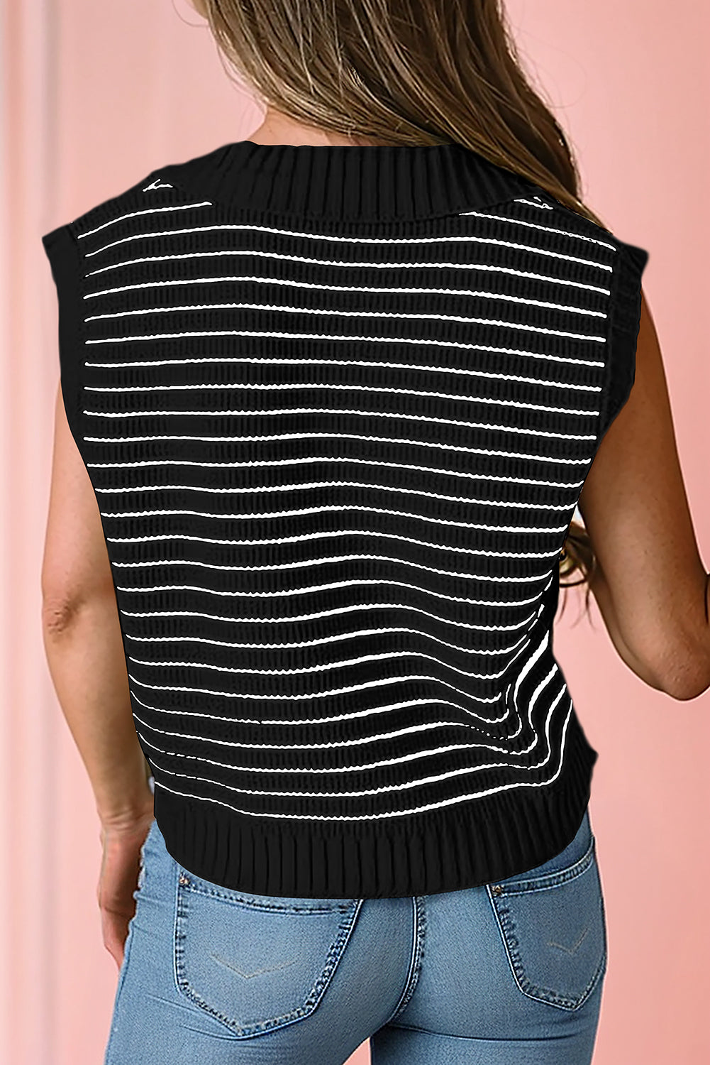 Black Stripe Turn-down Collar Sleeveless Knitted Top