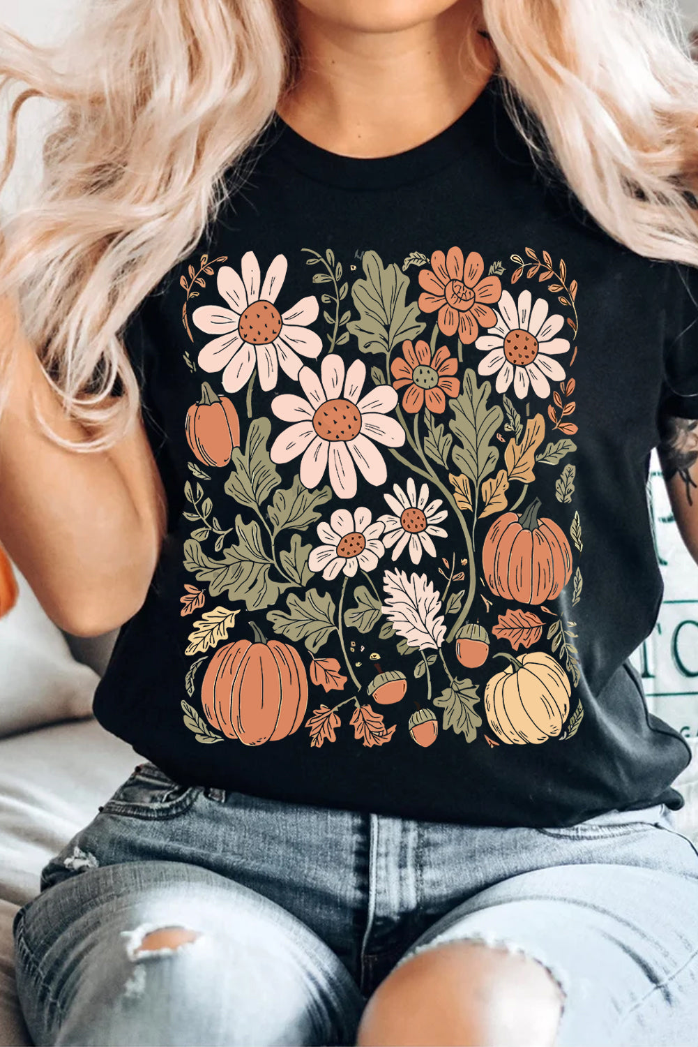 Black Wild Flower Pumpkin Print T Shirt