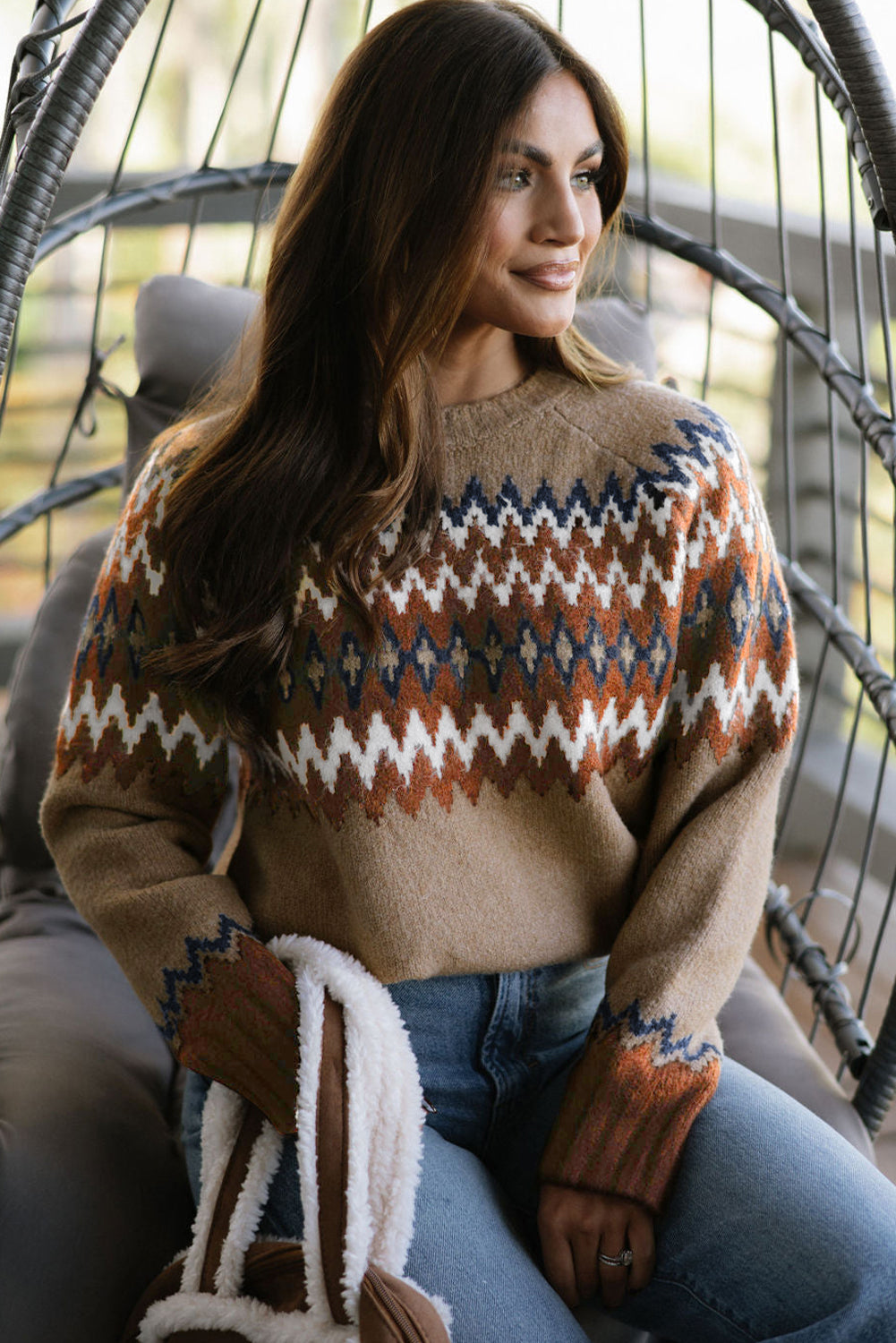 Khaki Aztec Print Colorblock Crew Neck Sweater