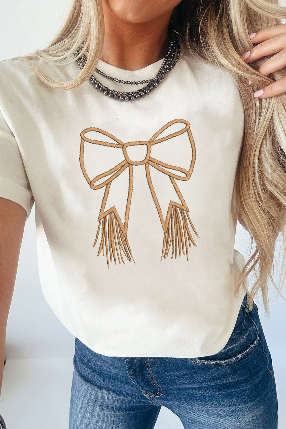 White Tassel Bowknot Embroidered Graphic Print Round Neck T Shirt