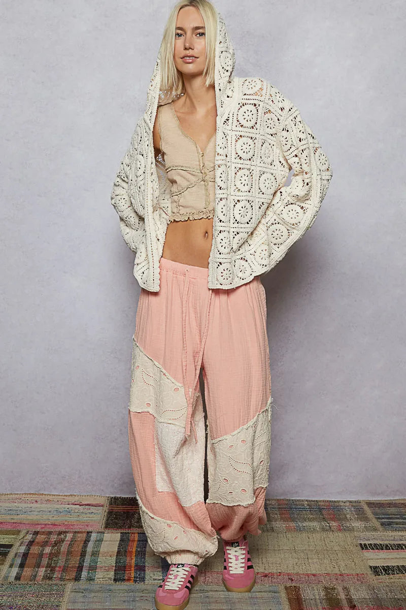 Lace Crochet Open Front Hooded Cardigan