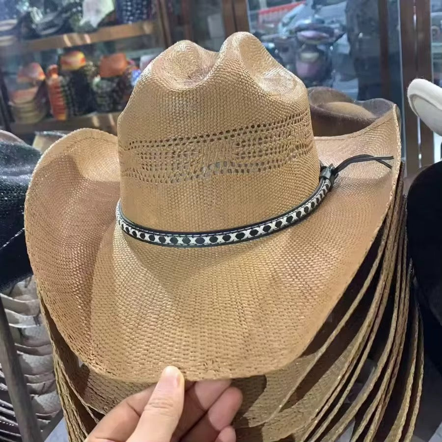 Cowboy Straw Hat - Hand Wash Only, Adjustable Straps, 56-58cm Size, 7cm Brim, 12cm Height, Unisex, Natural Grass Material-3