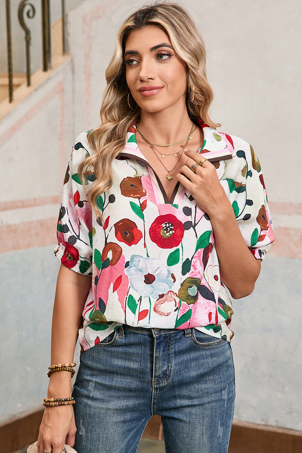 Pink Floral Print Boho Pop of Color Neckline Blouse