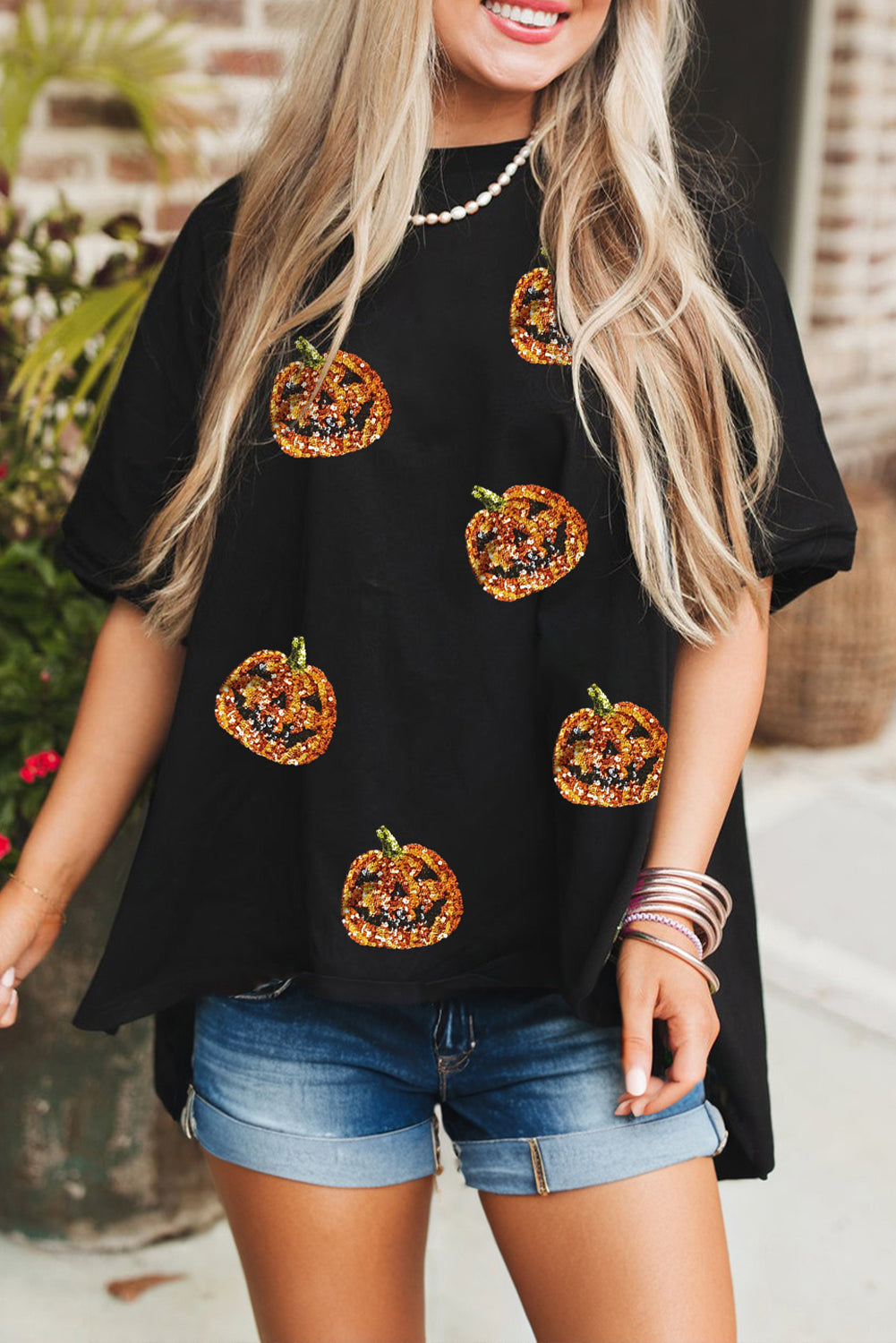 Black Sequin Pumpkin Face Halloween Graphic Tee