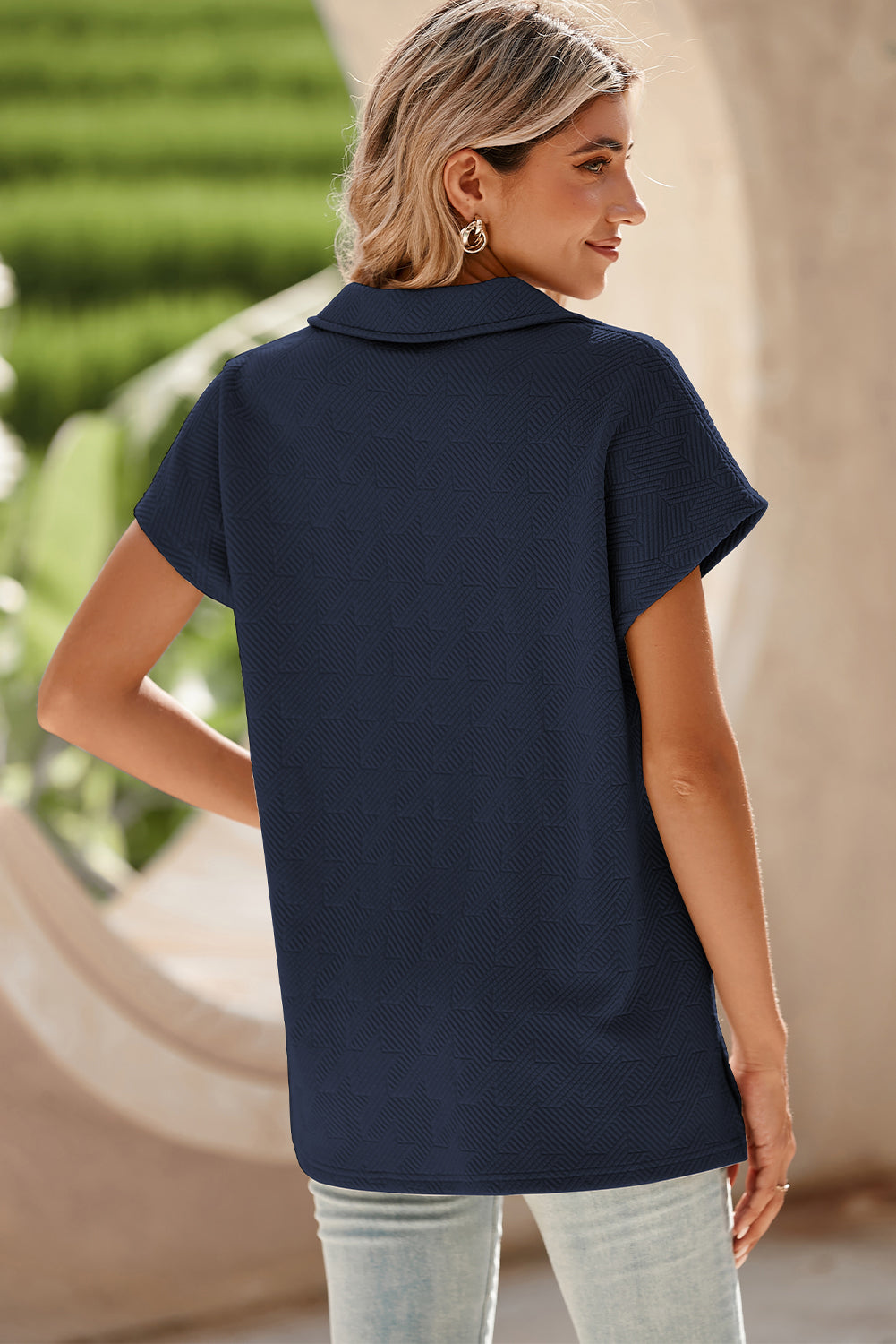 Navy Blue Textured V Neck Collared Slit Hem T Shirt
