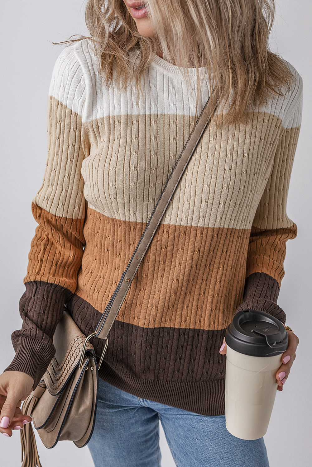 Khaki Colorblock Cable Knit Round Neck Sweater