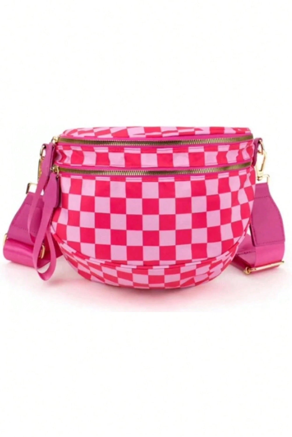 Bright Pink Checkered Print Wide Strap Large Crossbody Bag