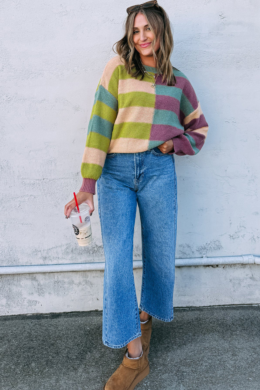 Green Stripe Colorblock Drop Shoulder Ribbed Edge Sweater