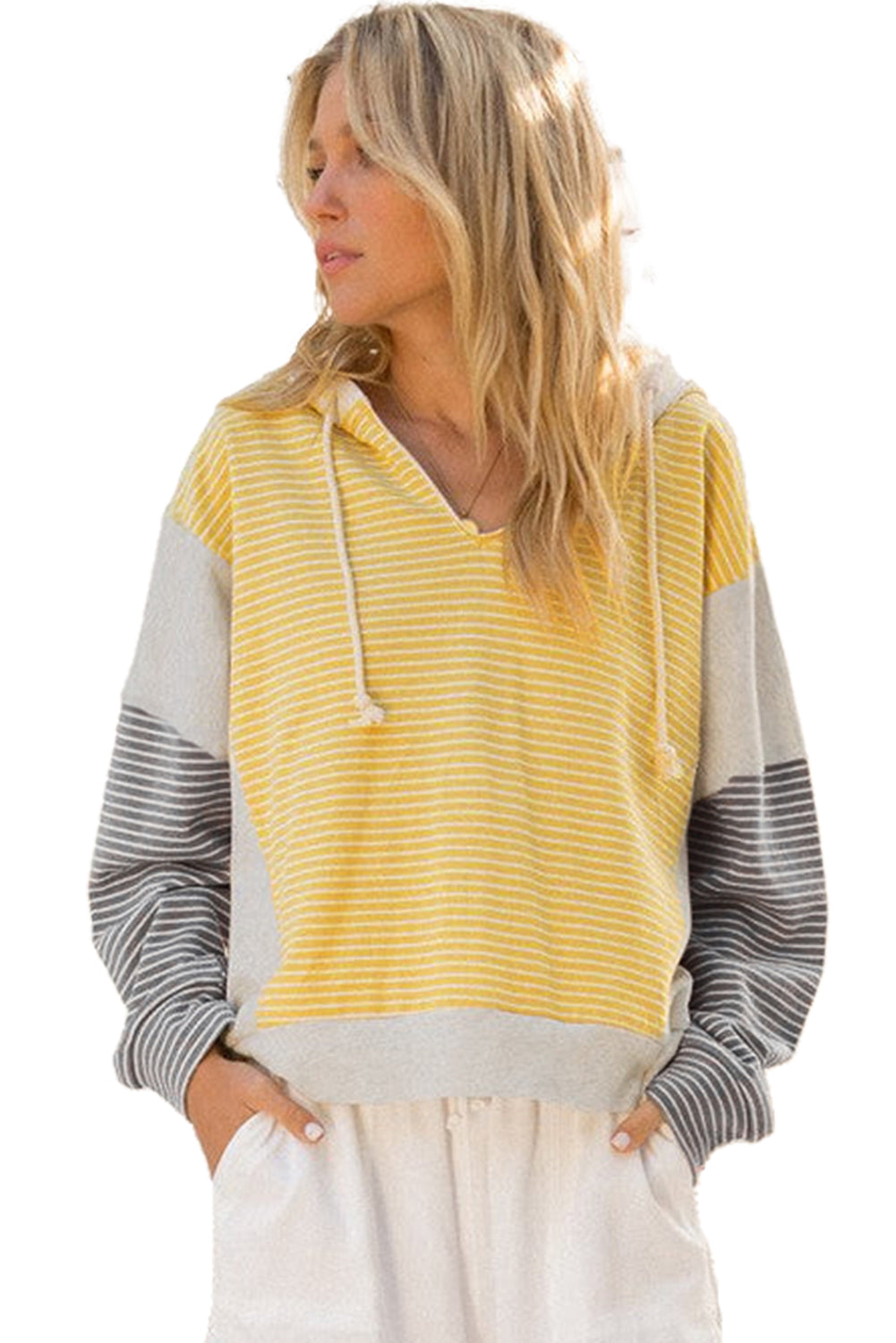 Yellow Stripe Colorblock Drawstring V Neck Loose Fit Hooded Top