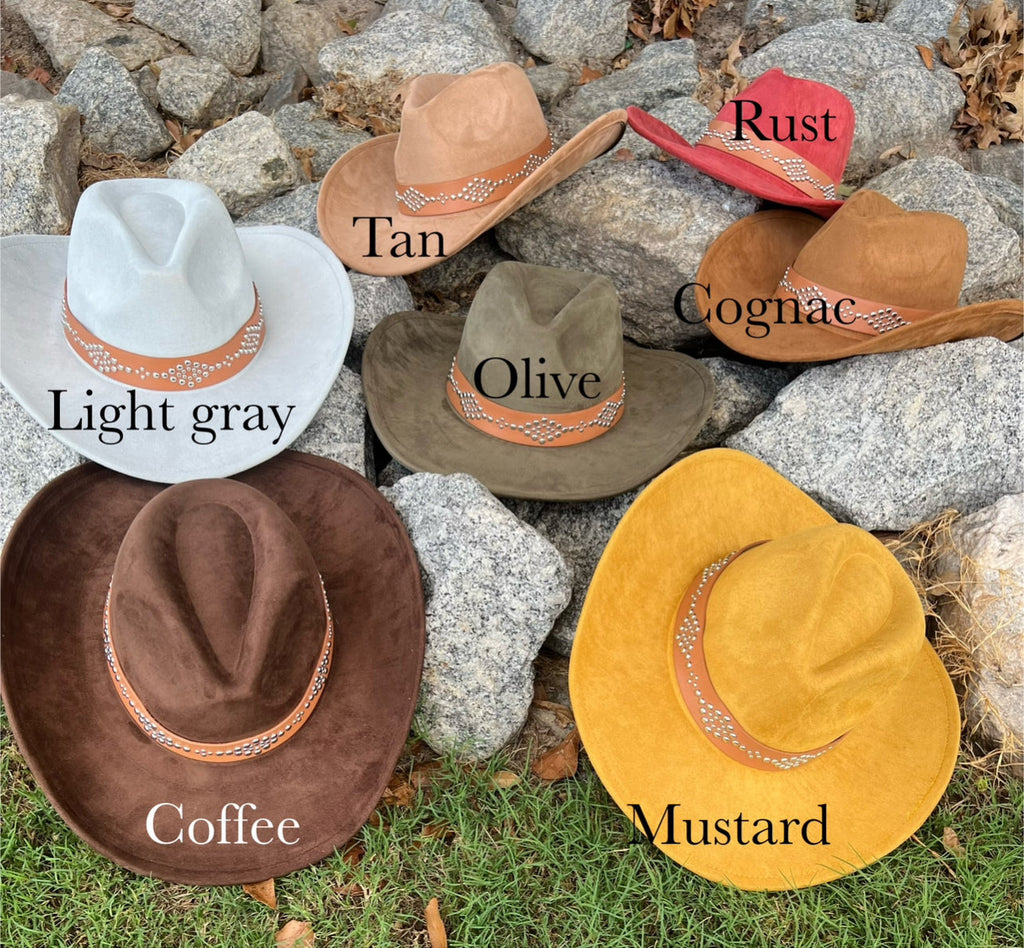 Nailed Suede Cowboy Hat - Brown, Gray, Yellow, Orange & Red - Classic Design with Decorative Band-1