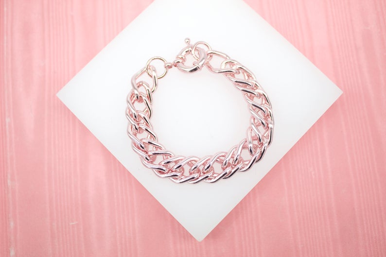 18K Gold Filled Rose Gold Chunky Thick Curb Cuban Double Link Chain Bracelet (XX8)-0