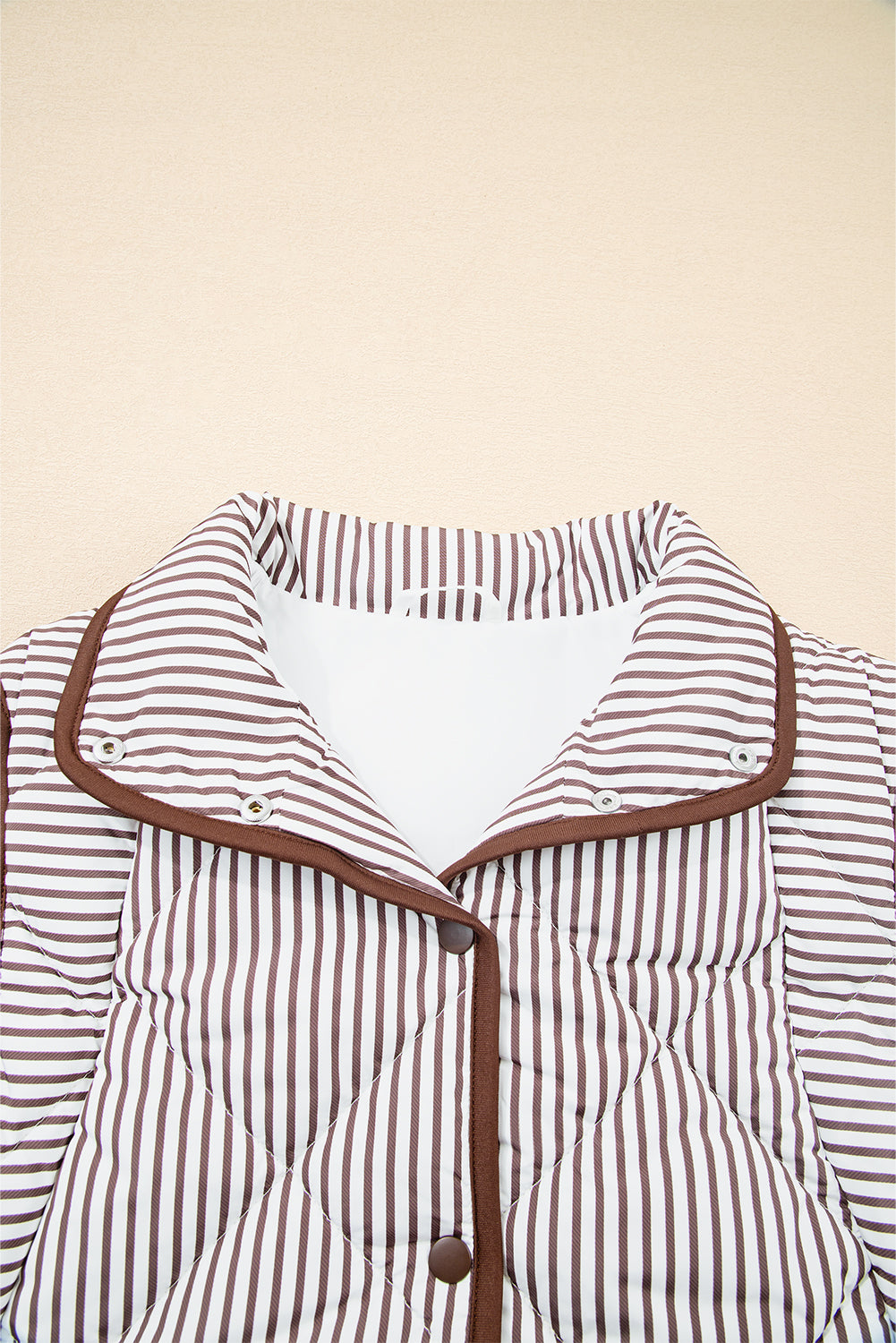 Brown Striped Snap Button Scalloped Hem Winter Vest