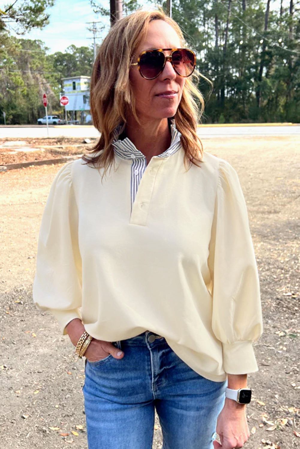 White Striped Ruffle Button Neck Pullover Sweatshirt