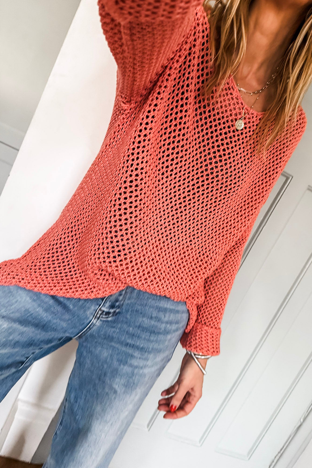 Coral Crochet Hollow-out Knit Sweater