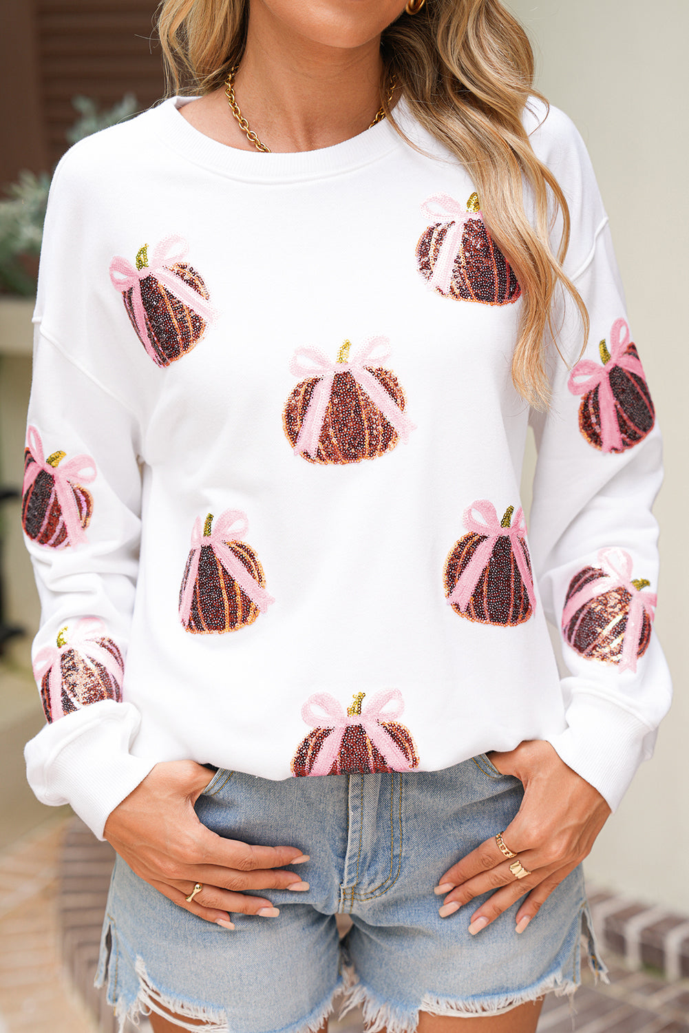 White Sequin Bow Pumpkin Patched Cotton Baggy Sweatshirt