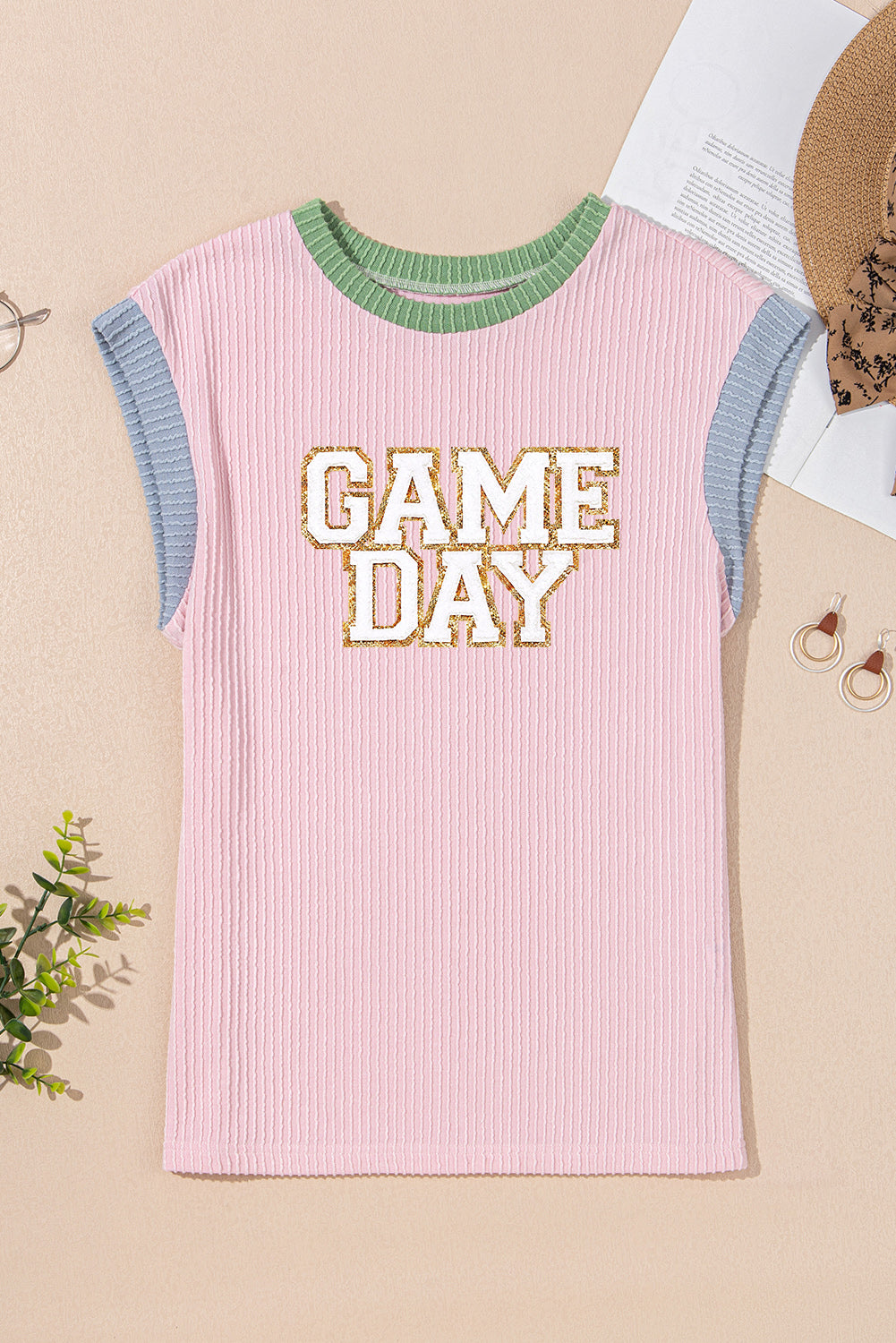Pink Sequin GAME DAY Graphic Corded Rib Knit Colorblock T Shirt