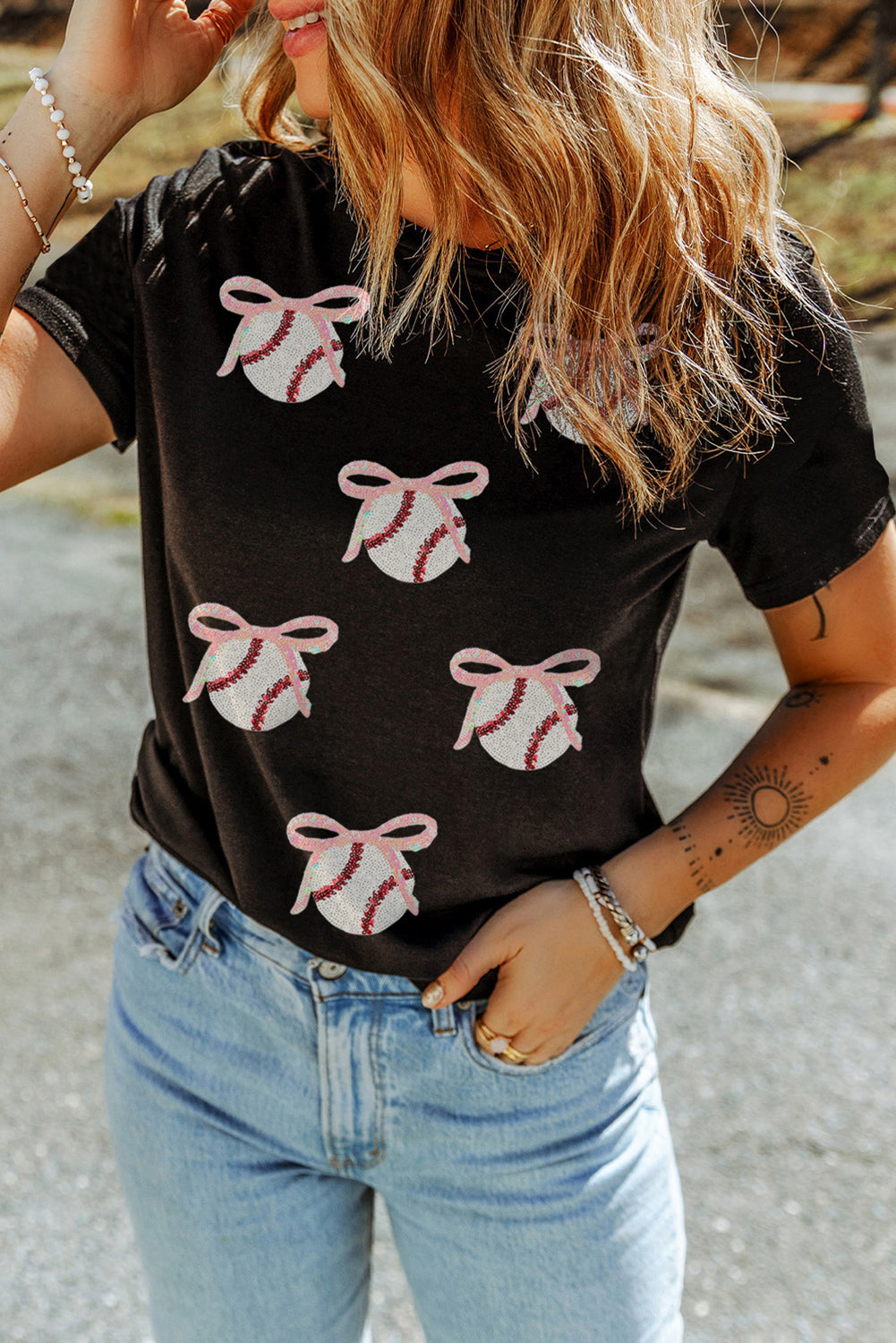 Black Shimmering Sequin Bow Ball Patterned Game Day Casual Tee