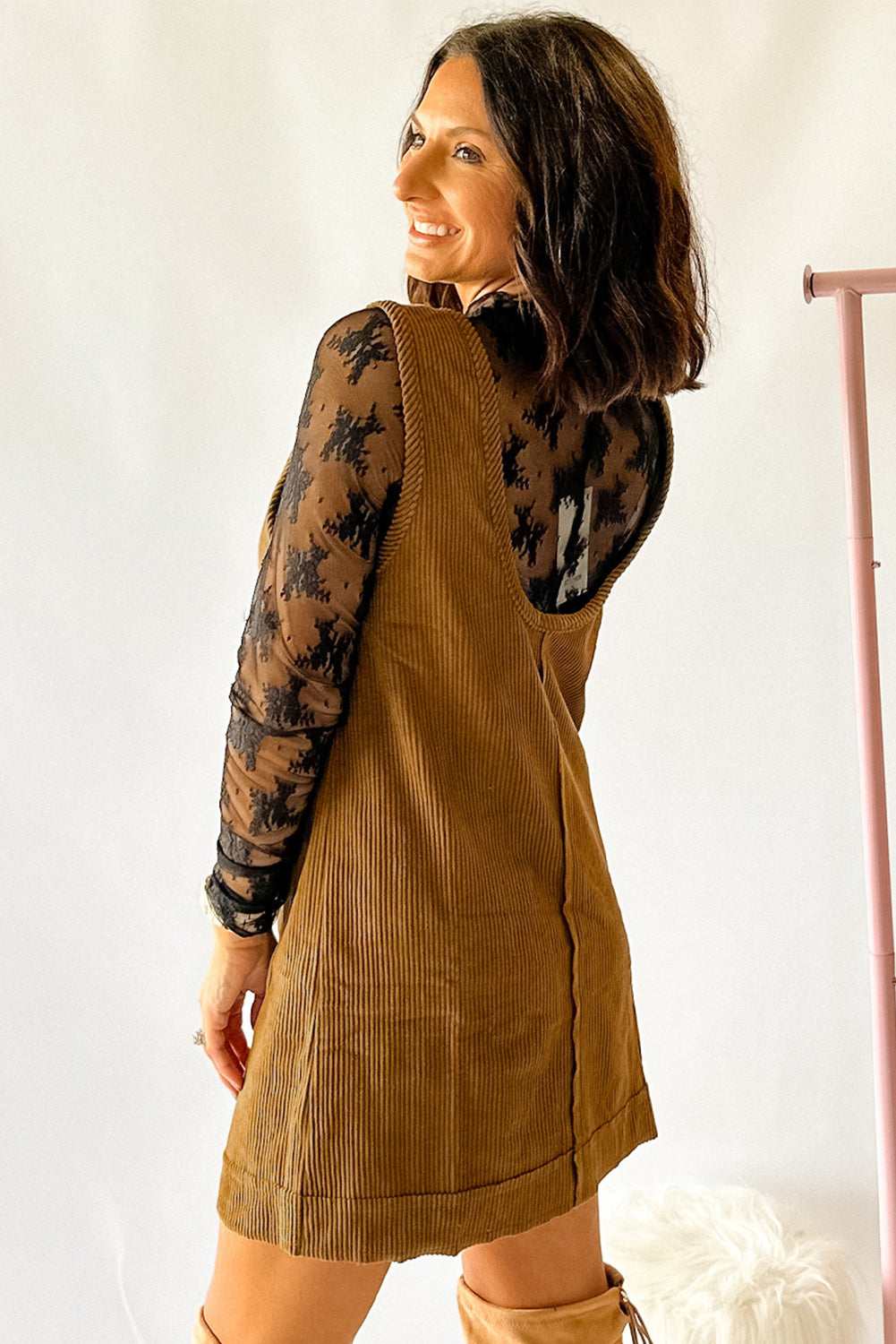 Beige Corduroy Exposed Seam Sleeveless Mini Dress