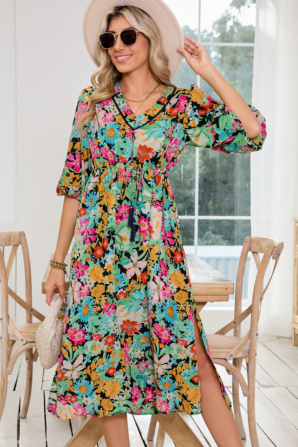 Green Boho Floral Puff Sleeve V Neck Tassel Drawstring Midi Dress