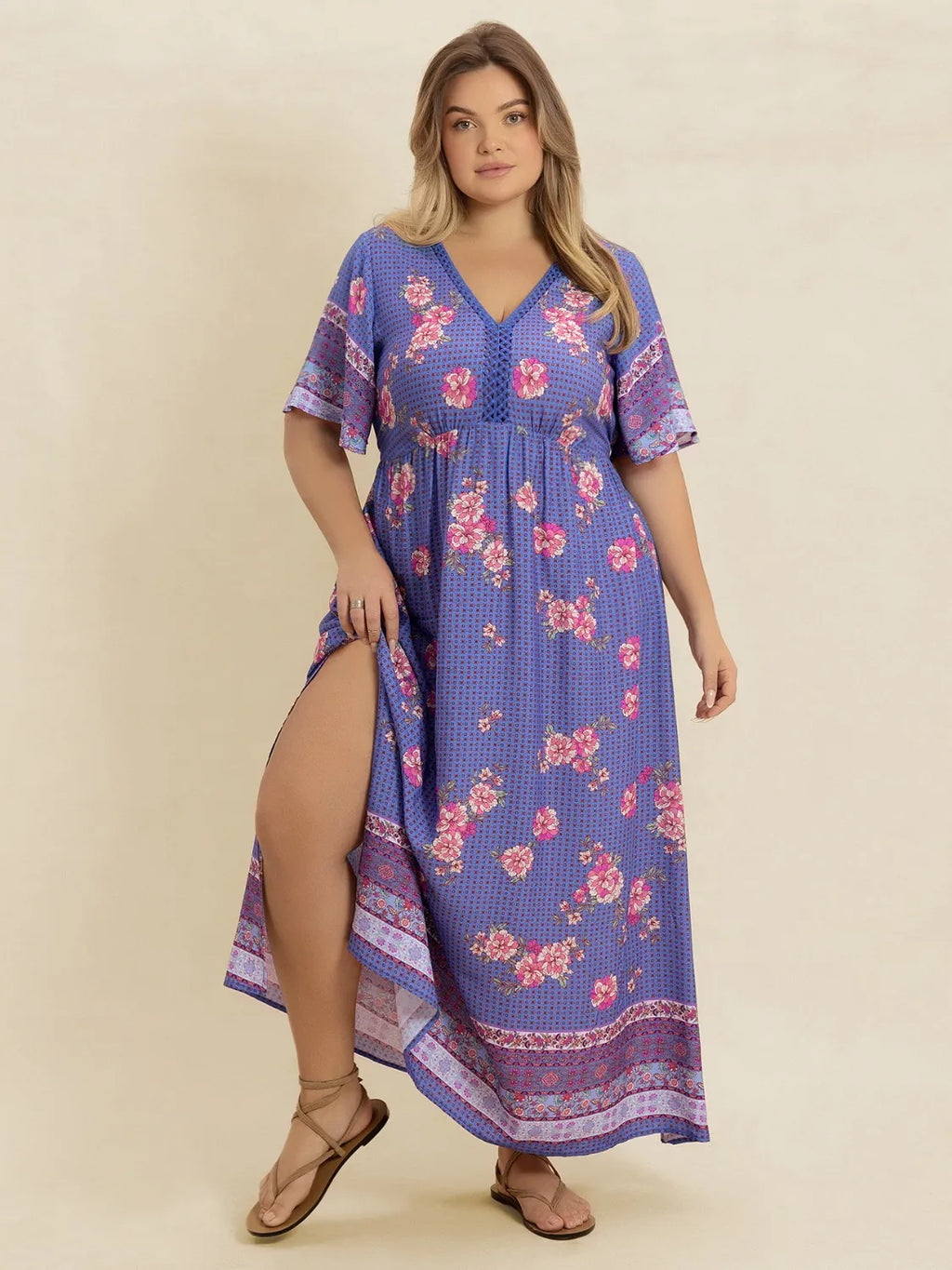 Plus Size Printed V-Neck Flutter Sleeve Dress