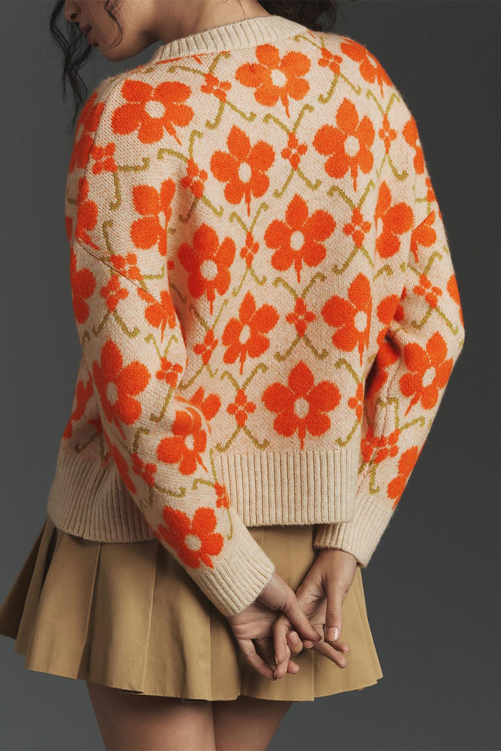 Orange Floral Button Round Neck Knit Cardigan