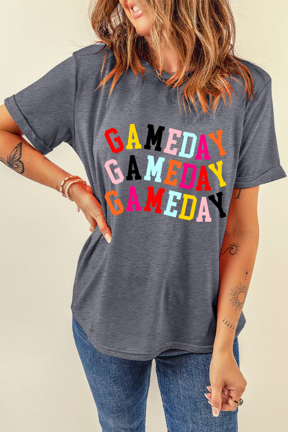 Gray GAMEDAY Letter Crewneck T Shirt