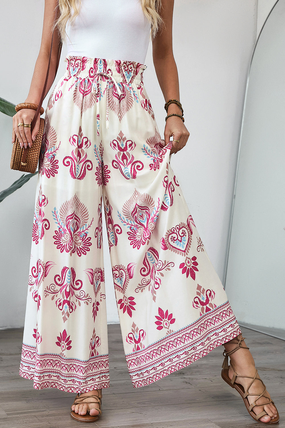 Rose Boho Printed Shirred High Waist Flowy Wide Leg Pants