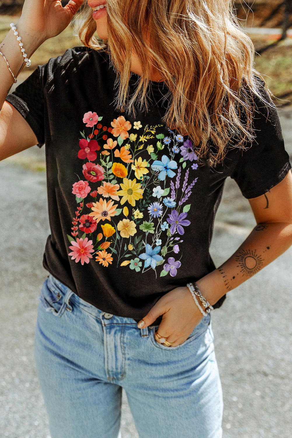 Black Flower Print Cotton Blend Casual Tee