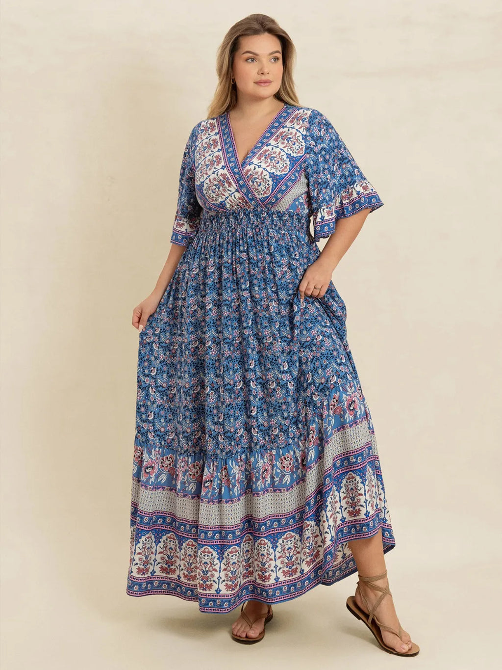 Plus Size Printed Surplice Half Sleeve Dress